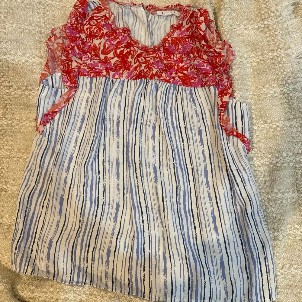 THML Red Floral and Blue Striped Mixed Print Ruffle Trim Tank Top